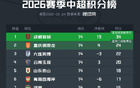 中超第14轮积分榜：蓉城两连败仍10分领跑，三镇、津门虎深陷降级区